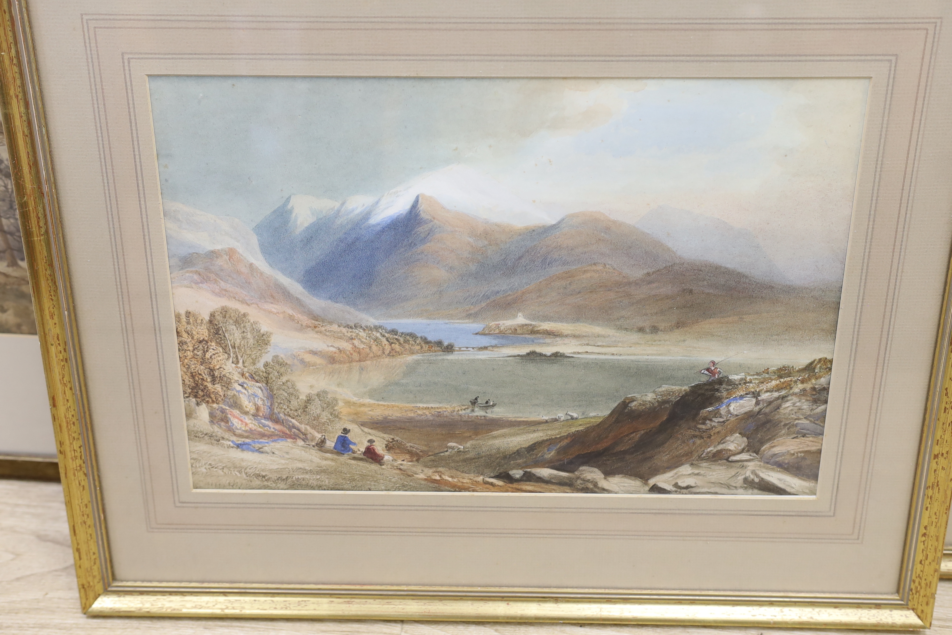 Attributed to Sir John Gilbert RA, BRWS (1817-1897), watercolour, 'Wroxham Broad, Norfolk', unsigned, inscribed verso JC 1883, together with a pair of mountainous landscapes with figures and cattle, 24 x 35cm